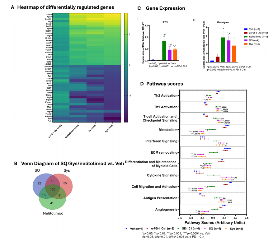 Transcriptome changes from PEDD-delivered nelitolimod combined with Sys or SQ α-PD-1 are consistent with enhanced antitumor immunity in the TME.